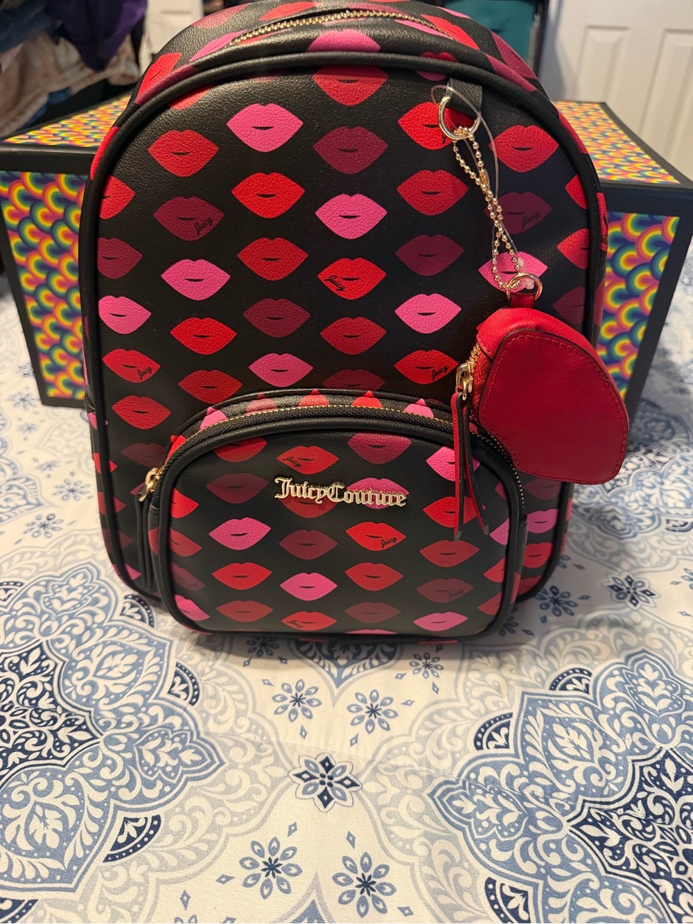 Juicy Couture Black Lip-Print Mini Backpack with Pink & Red Accents